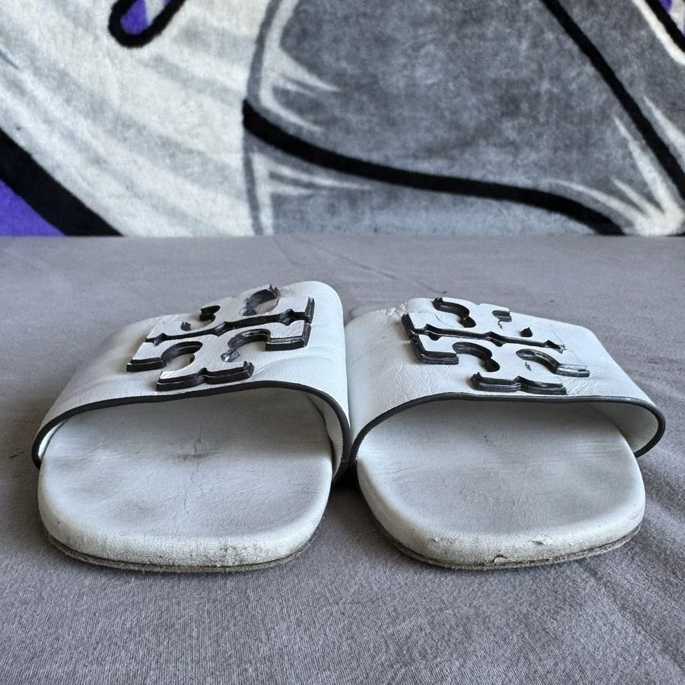 Size 7.5 - Tory Burch Women's Logo Slide Sandals White Synthetic Upper Slip-On